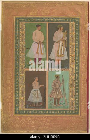 'Quatre Portraits: (En haut à gauche) A Raja (peut-être Raja Sarang Rao), par Balchand; (en haut à droite) 'Inayat Khan, par Daulat; (en bas à gauche) 'Abd al-Khaliq, probablement par Balchand; (en bas à droite) Jamal Khan Qaravul, par Murad, Folio de l'album de Jahca à Jahca.1610–15; verso: Daté de 1541 peinture par Balachand ces portraits ont été faits pour Jahangir (r.1605–27), dont les peintres, bien que techniquement irréprochables, ont pu révéler les nuances de la caractérisation.« Inayat Khan, un courtier favori, se souvient aujourd'hui de deux portraits réalisés à la porte de la mort, émaciés de sa dépendance à l'opium an Banque D'Images