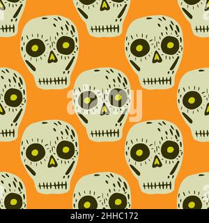 Fête mexicaine de la mort jour OG congé sans couture crâne modèle.Décoration gris Doodle sur fond jaune.Illustration vectorielle pour les imprimés textiles de saison, fabri Illustration de Vecteur