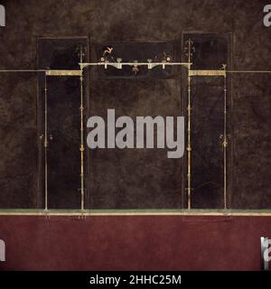 Peinture murale sur sol noir: Supports avec l'entrablature, de la villa impériale à Boscotrecase la dernière décennie du 1st siècle av. J.-C. Roman, Pompeian de nombreuses villas d'été privées ont été situées le long de la côte près de Naples.L'une des plus somptueuses doit avoir été la villa construite par Agrippa, ami de l'empereur Auguste et mari de sa fille, Julia.Il surplombait la baie de Naples depuis un endroit près de la ville moderne de Boscorecase.La villa a été partiellement excavée entre 1903 et 1905 après sa découverte accidentelle pendant les travaux sur un chemin de fer.Décorations murales qui ont survécu dans FO Banque D'Images