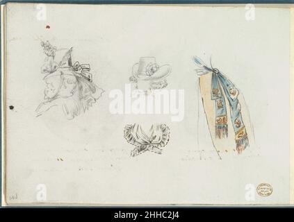 Quatre modèles d'accessoires de costume ca.1785–90 Anonyme, Français, 18th Century French page avec quatre croquis d'accessoires de costume comprenant deux chapeaux, un fichu à volants et une jupe bouffante avec une ceinture.La première esquisse à gauche est un dessin en graphite et en encre du visage d'une femme en profil portant un chapeau haut avec une lanière de cou.Il est décoré de fleurs, de feuilles et d'arcs.le deuxième croquis est de la tête d'une femme avec un chapeau de paille à large bord courbé vers le haut sur les côtés.Il est décoré d'un ruban et d'une fleur.L'encre et le graphite ci-dessous est d'un fichu rouillé et taillé.Le final s Banque D'Images