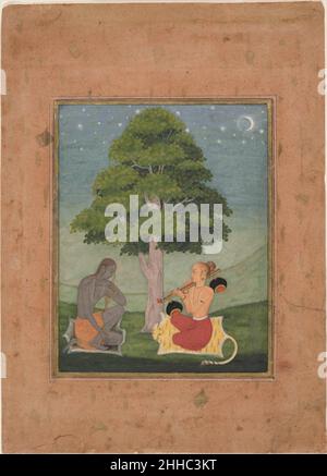 Kedar Ragini: Folio d'une série de ragamala (Garland des modes musicaux) ca.1690–95 Ruknuddin l'artiste Ruknuddin a combiné de façon créative un certain nombre de textes ragamala pour faire de ce chef-d'œuvre évocateur.Suivant un précédent artistique et les textes, il montre une ascétique « en pénitence, ornée, grise [avec des cendres] » à l'écoute d'un disciple, qui est décrit comme « un jeune homme de chaque membre », jouant la rudra vina.Un autre texte ragamala nous dit que le disciple est « un ascétique, dont l'esprit est noyé dans la méditation sur Shiva. Couronné par la lune blanche. ».Kedar Ragini: Folio d'une série de ragamala (Garland Banque D'Images