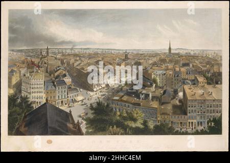 New York de la Steeple de l'église Saint-Paul, regardant est, Sud, et Ouest 1849 Henry A. Papprill British ce panorama capture un Manhattan inférieur animé en 1849.Prise de la tour de la chapelle Saint-Paul sur Broadway, juste en dessous de City Hall Park, la vue inclut le célèbre musée de P. T. Barnum en bas à gauche, qui se trouvait à la jonction de Broadway, Park Row et Ann Street de 1841 à 1865.Les amateurs de chevaux et les piétons crossent la rue en contrebas et un panneau sur le toit à droite identifie la galerie miniature Daguerrean de Mathew Brady, où les New-Yorkais ont pris leurs photos.Au-dessus du pr Banque D'Images