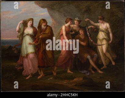 Telemachus et les nymphes de Calypso 1782 Angelica Kauffmann Swiss Kauffmann est née en Suisse mais a fait sa réputation en Italie et en Angleterre, où elle était membre fondatrice de l'Académie Royale.Cette peinture et son pendentif ont été exécutés à Rome pour Monseigneur Onorato Caetani, qui a eu son portrait peint la même année par Kauffmann.Ses portraits ultérieurs de Mengs en 1779 et de Batoni en 1782 témoignent du caractère international et serré des cercles intellectuels romains du XVIIIe siècle.Les sujets de Kauffmann sont tirés du roman de François Fénelon les aventures de Telemachus, premier p Banque D'Images