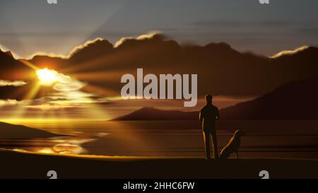 L'illustration d'un vecteur de paysage d'un homme est décontractée avec son chien bien-aimé au bord de la mer avec un beau coucher de soleil. Illustration de Vecteur