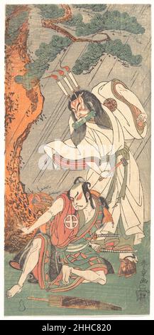 Kabuki acteurs Ichimura Uzaemon IX comme Ko-kakeyama et Ōtani Hiroji III comme Kōga Saburō ca.1771 Katsukawa Shunshō 勝川春章 Japonais dans la pièce branches d'un arbre en pot à fleurs (Konohana Yotsugi no Hachinoki), le diable Ko-kakeyama (l'esprit méchant de Wakasa no Zenji Yasumura)tient un rouleau dans sa bouche et un marteau dans sa main et porte une couronne de trois bougies flamboyantes sur sa tête.À l'heure du boeuf (deux à quatre le matin), une nuit de pluie, il exécute l'incantation connue sous le nom d'ushi no toki mairi, en conduisant trois ongles dans le tronc d'un arbre et en énonciation d'une malédiction sur l'objet de son ha Banque D'Images
