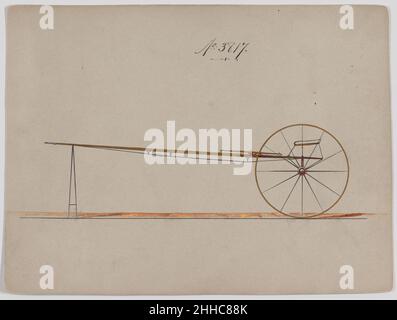 Modèle pour chariot pour chien ou 2 Wheeler, n°3817 1883 dessin du modèle de chariot américain de Brewster & Co. Pour Sulky.Nom de Brewster: 'Pole Sulky pour Gilbert Rockefeller.'Pas de haut.Siège passager orienté vers l'avant.Coussin plat sur support de squelette.Pas de suspension.train de roulement en bois naturel.Siège monté sur l'essieu.Dans le projet de livre # 2..Modèle pour chariot pour chien ou 2 Wheeler, n°3817. 1883.Stylo et encre noire, aquarelle et gouache à la gomme arabique.Mises en plan Banque D'Images