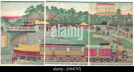 Illustration d'une locomotive à vapeur fonctionnant sur le chemin de fer de Takanawa à Tokyo (Tōkyō takanawa tetsudō jōkisha sōkō no zu) ca.1873 Utagawa Kunitreu Japonais.Illustration d'une locomotive à vapeur fonctionnant sur le chemin de fer de Takanawa à Tokyo (Tōkyō takanawa tetsudō jōkisha sōkō no zu) 55340 Banque D'Images