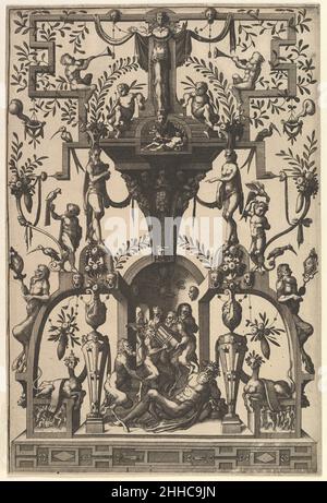 Décoration de surface, grotesque avec Strapwork, y compris une niche de mur sous une marquise de Strapwork, scène Bacchic ci-dessous de Veelderleij Veranderinghe van grotissen ende Compertimenten...Balance Primo 1556 Johannes van Doetecum i Netherlandish.Décoration de surface, grotesque avec Strapwork, y compris une niche de mur sous une marquise de Strapwork, scène Bacchic ci-dessous de Veelderleij Veranderinghe van grotissen ende Compertimenten...Balance Primo 408531 Banque D'Images