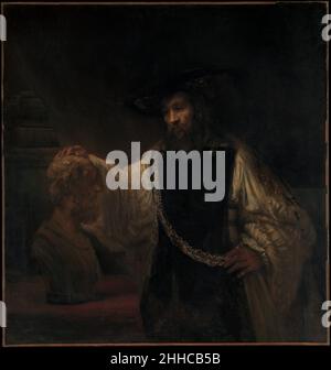 Aristote avec un buste de Homer 1653 Rembrandt (Rembrandt van Rijn) Néerlandais parmi les œuvres d’art les plus célèbres du met, ce tableau donne la méditation de Rembrandt sur le sens de la renommée.Le philosophe grec riche Aristote (384–322 av. J.-C.) repose sa main pensivement sur un buste d'Homer, le poète épique qui avait atteint l'immortalité littéraire avec son Iliad et son Odyssée des siècles auparavant.Aristote porte un médaillon d’or avec un portrait de son puissant élève, Alexandre le Grand ; peut-être le philosophe pèse-t-il son propre succès mondial contre la réalisation intemporelle d’Homère.Bien que le travail ha Banque D'Images