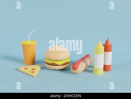 varios fast food avec hamburger pizza et hot dog .3d rendu d'illustration Banque D'Images