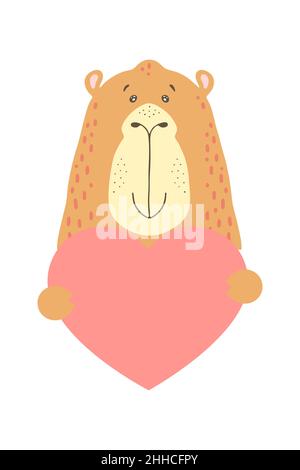 Un adorable animal de chameau de dessin animé tient un signe de coeur avec un espace de copie. Ensemble carte de vœux de Saint Valentin bannière invitation brochure circulaire. Dessin animé à la main style.Petits animaux animaux animaux de compagnie dans l'amour, déclaration d'amour. Illustration de Vecteur