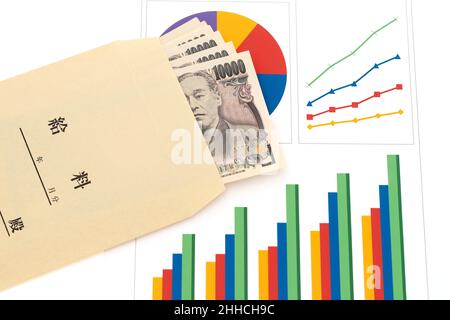 Des billets japonais de dix mille yens et un sac de salaire sur des documents imprimés, Traduction: Salaire. Banque D'Images