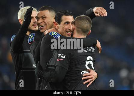 La joie de Paris Saint-Germain Marco Verratti lors du match de football français L1 entre Paris Saint-Germain (PSG) et Reims au stade du Parc des Princes à Paris, France, le 23 janvier 2022.Photo de Christian Liewig/ABACAPRESS.COM Banque D'Images