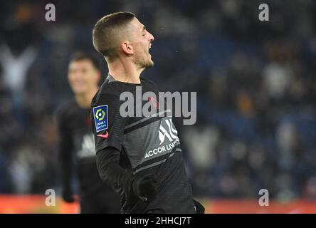 La joie de Paris Saint-Germain Marco Verratti lors du match de football français L1 entre Paris Saint-Germain (PSG) et Reims au stade du Parc des Princes à Paris, France, le 23 janvier 2022.Photo de Christian Liewig/ABACAPRESS.COM Banque D'Images