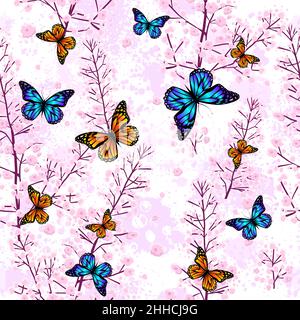 Brindilles et papillons roses.Arrière-plan transparent.Illustration vectorielle Illustration de Vecteur