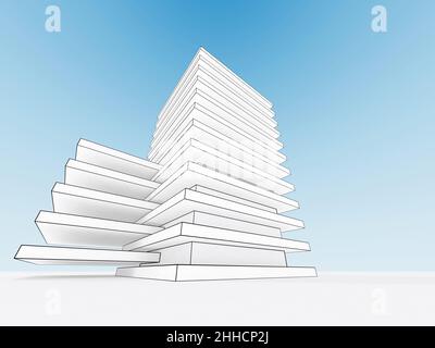 Modèle de cadre métallique d'un bâtiment blanc moderne extérieur sous ciel bleu clair, illustration de rendu 3D Banque D'Images