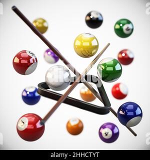 Boules de billard ou de billard, queues et triangle sur fond blanc.3D illustration. Banque D'Images