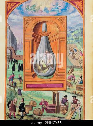 Splendor Solis - Traité d'Alchimie - Saturne - Dragon et enfant (les sept Flasques). Banque D'Images