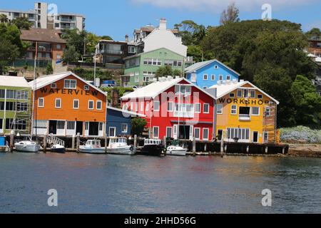 Ateliers Waterview Wharf sur Waterview Bay à Balmain, Sydney, Australie Banque D'Images