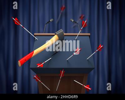 Les critiques et les désaccords avec le discours politique sur le concept de débats.Tribune avec hache et flèches.3d illustration Banque D'Images