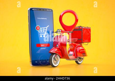 Concept de livraison express en ligne rapide.Scooter rouge avec sac de livraison et application mobile sur l'écran du smartphone.illustration 3d Banque D'Images