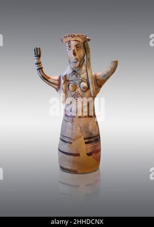 Statuette de figurine de poterie mycénienne d'une déesse faite sur une roue de poterie, Tiryns Basse Citadelle, 12th cent BC.: sur fond gris.Photographe Banque D'Images