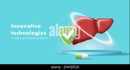 3d illustration d'un foie humain sain dans un cercle protecteur avec icône de bouclier et pilule Illustration de Vecteur