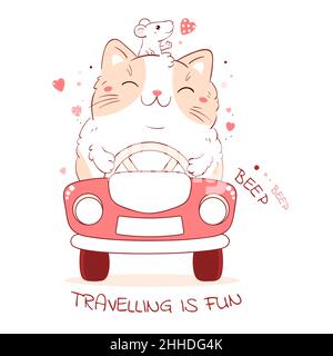 Les amis adorables voyagent en voiture.Les aventuriers, chats et souris, voyagent en voiture.Inscription voyager en plaisir.Chaton blanc et souris en voiture.Peut être utilisé Illustration de Vecteur