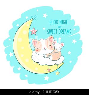 Le chat et la souris mignons dorment sur la lune.Inscription bonne nuit et doux rêves.Peut être utilisé pour les imprimés de t-shirt puérile, affiche de pépinière, ba Illustration de Vecteur
