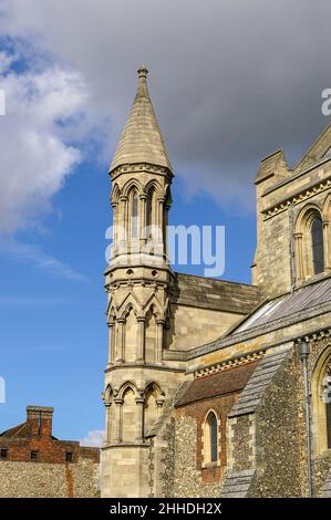 Cathédrale St Albans, St Albans, Hertfordshire, Royaume-Uni ; gros plan de l'architecture Banque D'Images