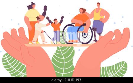 Soutien des personnes.Les mains tiennent l'homme sans la main, la jambe ou la vision, personne en fauteuil roulant.Aide et bénévolat, concept de vecteur de soins de santé Illustration de Vecteur