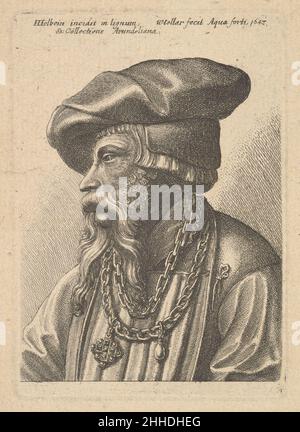 Homme barbu avec chaîne de collier (peut-être de, 'A Collection of original etchings,' Londres, imprimé par J.M.McCreery, 1816) 1647 Venceslaus Holar Bohemian Portrait d'un homme âgé aux cheveux droits courts, aux pattes courbettes, à la moustache et à la barbe, près de la moitié de la longueur, dirigé vers la gauche avec la tête en profil, regardant vers le bas; portant une casquette haute et une double chaîne lourde avec des pendentifs en perles et en croix.Homme barbu avec chaîne de collier (peut-être de, 'A Collection of original etchings,' Londres, imprimé par J.M.McCreery, 1816).Après Hans Holbein le plus jeune (allemand, Augsbourg 1497/98–1543 Londres).1 Banque D'Images