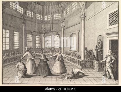 L'intérieur d'une mosquée, les Derviches Dancing (Aubry de la Mottraye 'voyage à travers l'Europe, l'Asie et dans une partie de l'Afrique...," Londres, 1724, vol. I, pl.16) 1723–24 William Hogarth British cette illustration du voyage d’Aubry de la Mottraye au milieu du XVIIIe siècle représente une scène dont l’auteur a été témoin à Constantinople (Istanbul d’aujourd’hui).Le texte détaille la cérémonie de la sama des Mevlevi Sufis, parfois appelée les «derviches tourbillonnants» en raison de leur mouvement rotationnel.Représentés dans un samahane traditionnel> (hall pour la sama), les derviches dans cette image sont d Banque D'Images