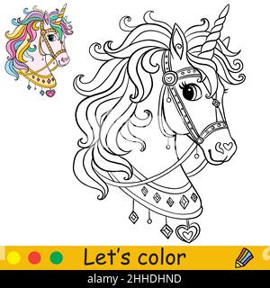 Jolie tête de licorne avec bride.Page de livre de coloriage avec modèle de couleur.Illustration de dessin animé vectoriel.Pour enfants coloriage, carte, imprimé, design, décor et Illustration de Vecteur