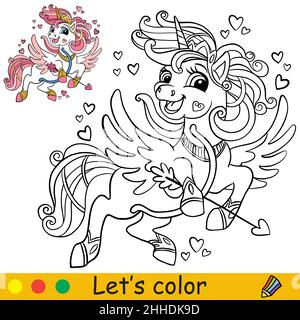 Cupidon de licorne avec arc et flèche volant dans le ciel avec un arc-en-ciel et des coeurs.Page de livre de coloriage avec modèle de couleur.Illustration de dessin animé vectoriel.Pour Illustration de Vecteur