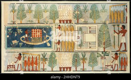 Rituel funéraire dans un jardin, tombe de Minnakht A.D. 1921; original ca.1479–1425 C.-B. XXe siècle; original Nouveau Royaume Charles K. Wilkinson ce fac-similé copie une section de peinture murale dans le tombeau de Minnakht (TT 87) dans l'ouest de Thèbes.La scène représente un jardin entourant un bâtiment avec une grande piscine en face.Dans le registre le plus bas, deux hommes se tiennent devant de petites tables d'offrande.Chaque homme verse une libation d'une main et tient un brazier avec de l'encens dans l'autre.La télécopie a été peinte à la tombe en 1921 par Charles K. Wilkinson, membre du graphique Banque D'Images