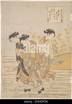 Jewel River à IDE (IDE no Tamagawa) ca.1768 Suzuki Harunobu Japonais tenant les jupes de leurs kimonos au-dessus de l'eau, trois femmes se sont gayées dans un ruisseau peu profond d'une banque où les fleurs de yamabuki poussent.Avec élégance et grand soin, ils s'aventurent à travers la rivière.Cet imprimé montre un endroit pittoresque célèbre sur la rivière Jewel à l'IDE dans la province de Yamashiro, Kyoto moderne.Une cartouche carrée porte un titre et un poème du célèbre poète Fujiware no Shunzei (1114–1204): Tamagawa à IDE par Shunzeas J'arrête mon cheval pour lui donner de l'eau, la rosée des fleurs yamabuki est perdue dans le ruisseau de Banque D'Images