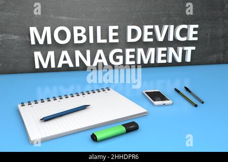 MDM - Mobile Device Management - concept de texte avec tableau de surveillance, ordinateur portable, stylo et téléphone mobile.Illustration de rendu 3D. Banque D'Images