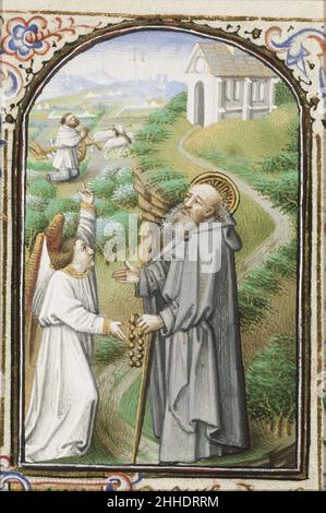 Saint Antony Abbé d'Égypte tenant un rosaire et un personnel, avec un ange - Livre des heures Simon de varie - KB 74 G37 - 081v min Banque D'Images