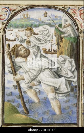 Saint-Christophe porte le Christ-enfant, un ermite le guidant avec une lampe - Livre des heures Simon de varie - KB 74 G37 - 074v min Banque D'Images