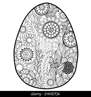 Page de livre de coloriage vectoriel pour adultes coloriage.Contour noir détail de l'oeuf de pâques dans le style mandala sur fond blanc Illustration de Vecteur