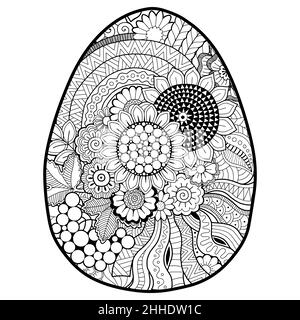 Page de livre de coloriage vectoriel pour adultes coloriage.Contour noir détail de l'oeuf de pâques dans le style mandala sur fond blanc Illustration de Vecteur