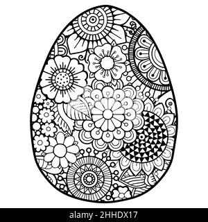 Page de livre de coloriage vectoriel pour adultes coloriage.Contour noir détail de l'oeuf de pâques dans le style mandala sur fond blanc Illustration de Vecteur