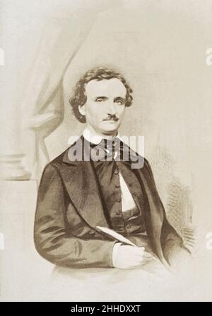 Edgar Allen PoE, 1809 - 1849.Auteur américain, célèbre pour des histoires telles que le Pit et le Pendalum et les meurtres dans la rue Morgue.Après un portrait de 19th siècle. Banque D'Images