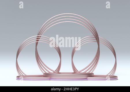 Scène géométrique minimaliste avec podium rond et ornement doré isolé sur fond clair.Formes géométriques.3d rendu.Scène avec socle et Banque D'Images