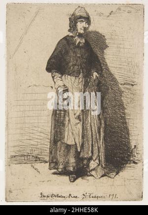 La mère Gérard 1858 James McNeill Whistler American la mère Gérard aurait vendu des fleurs à l'extérieur de Bal Bullier à Paris, mais Whistler la montre tenir un châle ou un morceau de tissu dans un portrait peu idéalisé qui démontre l'admiration pour le réalisme épousé par Courbet.L'artiste a réalisé la gravure à Paris pendant l'été ou l'automne 1858 et l'a incluse dans son premier ensemble publié, 'Douze eau-fortes d'apres nature' ('douze gravures de la nature'), connu sous le nom de 'set français'.La mère Gérard 372477 Banque D'Images