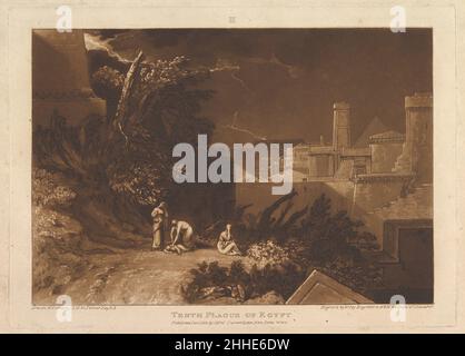 La dixième peste d'Égypte (Liber Studiorum, partie XII, planche 61) le 1 janvier 1816 conçu et gravé par Joseph Mallord William Turner British Turner distillé ses idées sur le paysage dans 'Liber Studiorum' (latin pour le livre des études), une série de soixante-dix imprimés plus une frontispice publiée entre 1807 et 1819.Pour établir les compositions, il a fait des dessins d'aquarelle marron, puis gravé des contours sur des plaques de cuivre.Les graveurs professionnels ont généralement développé le ton sous la direction de Turner, et dire ici a ajouté mezzotint pour détailler un sujet d'Exode 11, où le premier né des Egyptiens Banque D'Images