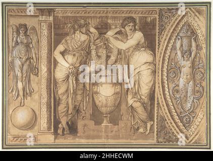 Design pour un Frieze avec deux femmes flanquant une Urn ca.1775–85 attribué à Giuseppe Cades Italien les caractéristiques hautement sculpturales de ce dessin sont caractéristiques de certains des dessins de l'artiste Giuseppe Cades.Actif en tant que peintre et sculpteur en Italie pendant la seconde moitié du 18th siècle, ses dessins canallent à la fois l'influence des périodes Antique et Renaissance.Bien que cette conception particulière pour une frise ait une qualité très monumentale à elle, son but prévu est inconnu.Le fait que Cades introduit deux variantes pour la décoration des panneaux latéraux indique que Banque D'Images