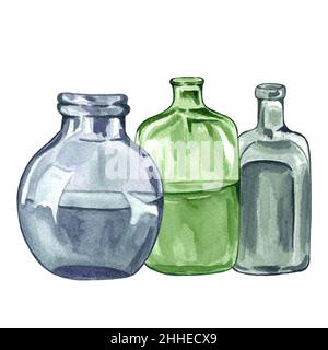 Ensemble aquarelle de bouteilles en verre isolées sur blanc.Flacon en verre transparent.Bouteille en verre aquarelle.Illustration vintage peinte à la main Banque D'Images