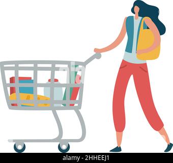 Femme avec chariot de supermarché.Concept d'épicerie Illustration de Vecteur